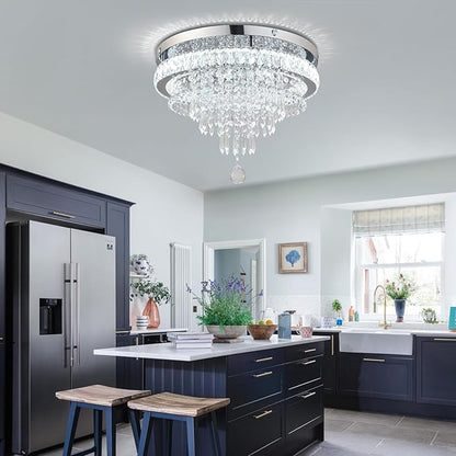FRIXCHUR 19.7" Crystal Chandeliers Crystal Ceiling Light Fixtures Modern Flush Mount Light LED Chandelier Lamp for Living Room Bedroom Dining Room 6500K Cool White
