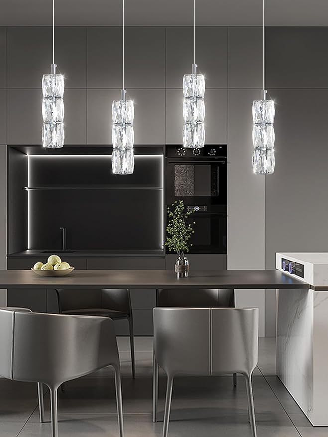 ykolupty Pendant Lights Kitchen Island Single Head Chrome Crystal Island Lights Dining Foyer Entrance Modern Chandeliers LED Dimmable 2700-6000K