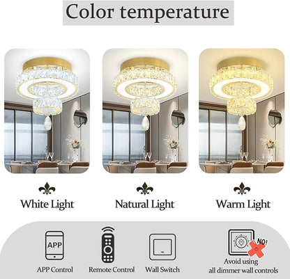 Flashing God 12" Modern Crystal Chandeliers Flush Mount Ceiling Light Gold Chandelier for Hallway LED Dimmable Light Fixture for Dining Room Living Room Bedroom
