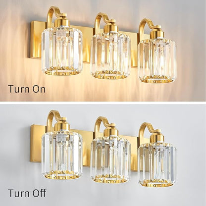 3-Light Gold Bathroom Light Fixtures,Modern Bathroom Vanity Lights Fixture with Clear Crystal Glass Shade, Modern Crystal 3 Lights Wall Sconce (Exclude Bulb)