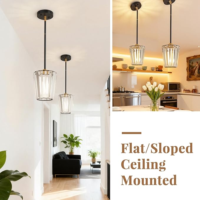 2 Pack Crystal Pendant Lights Kitchen Island - Modern Black and Gold Pendant Light Mini Adjustable Hanging Pendant Lights for Kitchen Island Dining Room Foyer Hallway