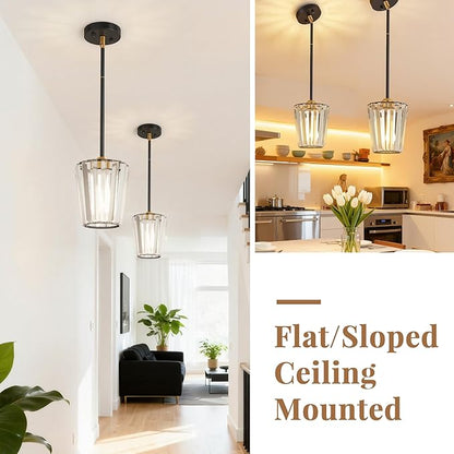 2 Pack Crystal Pendant Lights Kitchen Island - Modern Black and Gold Pendant Light Mini Adjustable Hanging Pendant Lights for Kitchen Island Dining Room Foyer Hallway