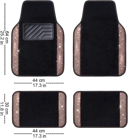 CAR PASS Bling Rhinestone Diamond Car Floor Mat, Crystal Sparkly Shining Glitter Carpet Waterproof Anti-Slip PVC Heel Pad, Universal for Interior Auto SUV,Sedan,Van,4pcs Girl Women Men, Champagne Gold