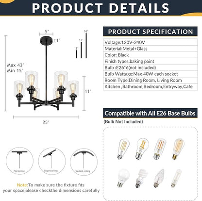 Black Chandelier, 6 Light Farmhouse Chandeliers for Dining Room Light Fixtures Over Table, Industrial Hanging Lighting with Clear Glass Shade for Living Room Kitchen Island Bathroom Entryway Bedroom