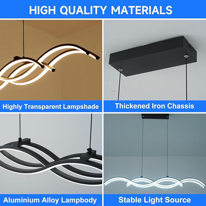 ORANOOR Modern LED Pendant Lights, Dimmable 39in Linear Wave LED Chandelier Lighting, Black Dining Room Hanging Light Fixtures Kitchen Island Linear Pendant Light for Dining Table (4200lm,Upgraded)