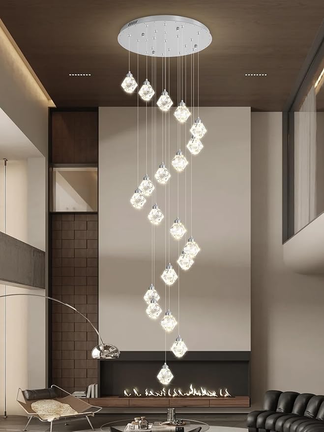 20-Light Modern Chandelier for Foyer Crystal Chandeliers for Living Room Silver Pendant Light Fixture Staircase Chandelier for High Ceilings Dimmable LED Hanging Light with Remote