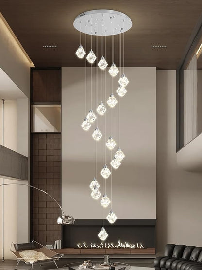 20-Light Modern Chandelier for Foyer Crystal Chandeliers for Living Room Silver Pendant Light Fixture Staircase Chandelier for High Ceilings Dimmable LED Hanging Light with Remote
