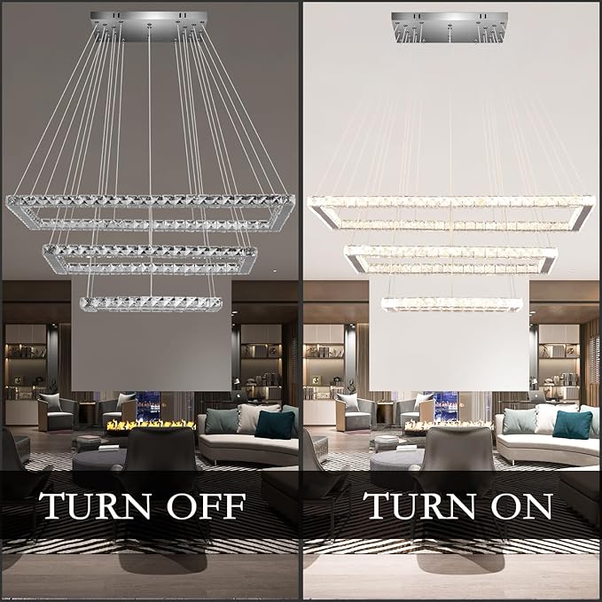 Finktonglan Dimmable Crystal Chandelier, Modern 3 Rectangular Ring LED Pendant Light with Remote & App Control, 31.4" Adjustable Hanging Height, 2500K-6500K, Kitchen Island Dining Room Stairwell Foyer