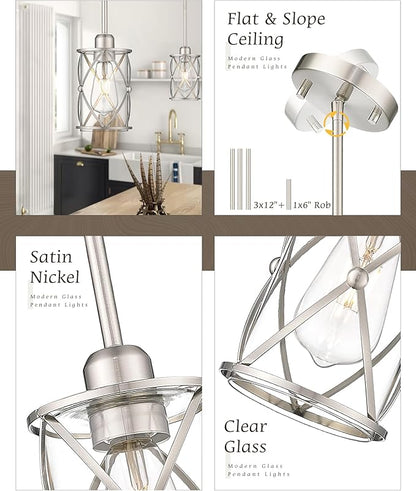 Brushed Nickel Pendant Lights Kitchen Island 2 Pack, Mini Glass Pendant Light Fixtures with Clear Glass, Modern Hanging Lighting for Kitchen Sink Dining Room Bathroom, CH9176BN-2PK