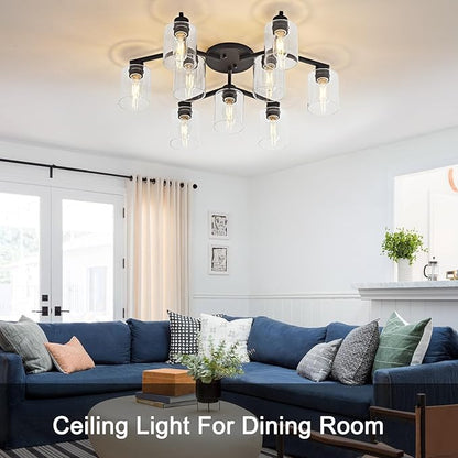 9 Light Kitchen Lighting Fixtures Ceiling Black Semi Flush Mount Ceiling Light Fixture Large Living Room Lighting Cieling Lamps for Dining Room Living Room Light Fixture with Clear Glass Shades