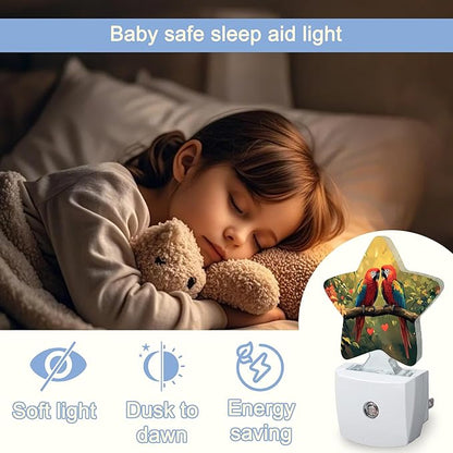 Tropical Parrot Night Light,Pink Love Heart Floral Plug-in Star Night Lights with Dusk-to-Dawn Sensor for Bedroom,Bathroom,Living Room Sleep Friendly Lamp for Women Girls Boys Gift,0.5W