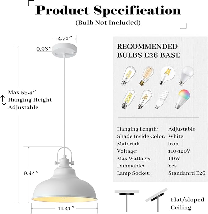 White Pendant Lights Kitchen Island 3 Pack, 11.4 Inch Kitchen Pendant Lights, Industrial Pendant Light, White Dome Pendant Light, Island Pendant Light for Kitchen, Dining Room, Bedroom
