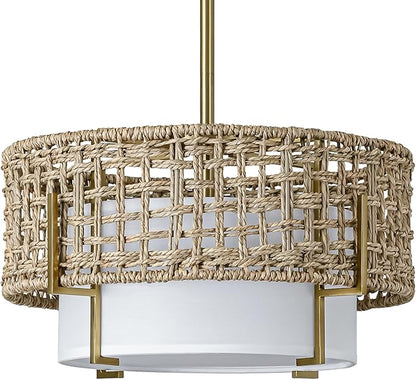 12.6" Rattan Pendant Light, 1-Light Boho Chandelier Light Fixture with Fabric Shade, Wicker Hanging Ceiling Lighting Fixture for Dining Room, Living Room, Kitchen Island, Bedroom, Hallway, Foyer