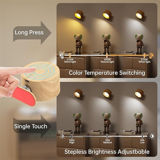 Deyagoo 2PACK LED Wall Sconce - Rechargeable Cordless Wall Light, 3 Colors & 3 Brightness Levels, 360° Magnetic Rotating Head, Bedside Reading Lamp, Easy Install Battery Operated Lamp Wood