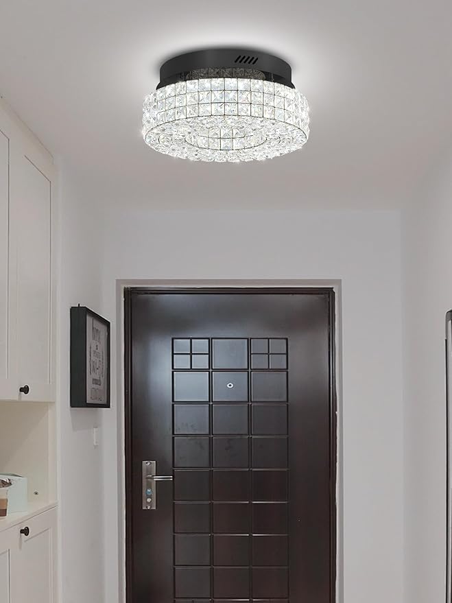 ykolupty 16" Crystal Chandeliers,Round Chandelier for Living Room Modern Crystal Ceiling Light Fixture for Foyer Bedrooms Dining Room Hallway Black