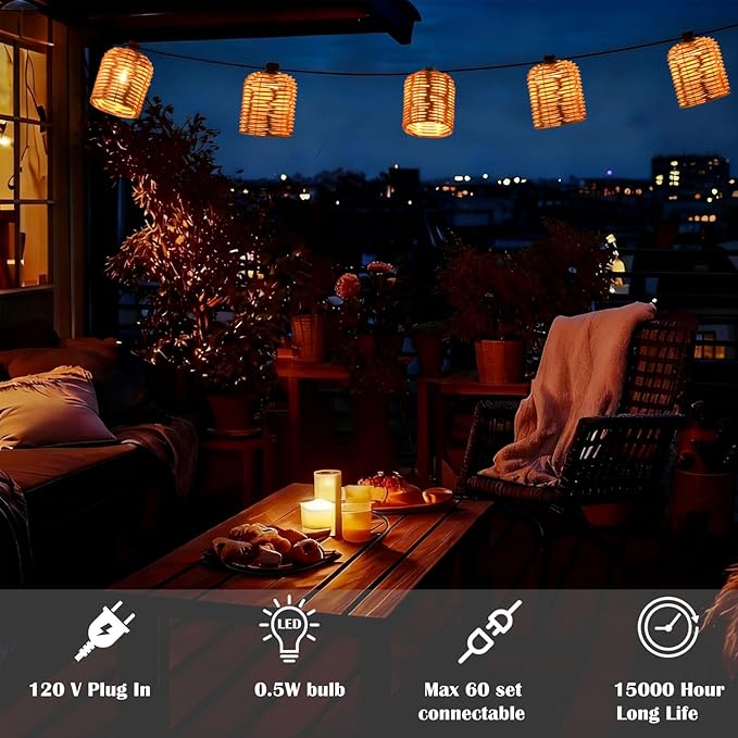 Natural Rattan String Lights, 10 Rustic Raffia Cage, 13 Ft Plug in & Connectable Wicker Lights,Natural Color Rattan