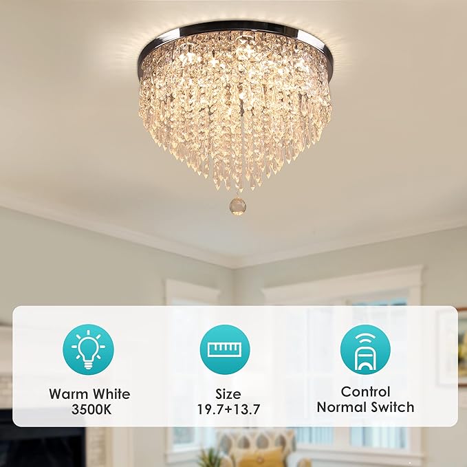 19.7" Crystal LED Flush Mount Ceiling Light, 5-Tier K9 Raindrop Crystals, Chrome Stainless Steel Chandelier Fixture for Bedroom, Living Room & Dining Room 3000K Warm White