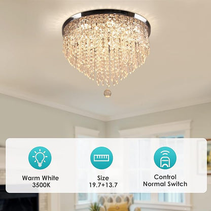 19.7" Crystal LED Flush Mount Ceiling Light, 5-Tier K9 Raindrop Crystals, Chrome Stainless Steel Chandelier Fixture for Bedroom, Living Room & Dining Room 3000K Warm White