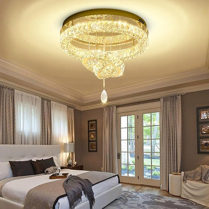 Flashing God Dia 20" Modern Crystal Chandelier for Dining Room Gold Ceiling Chandelier Flush Mount Ceiling Light for Living Room Bedroom Hallway