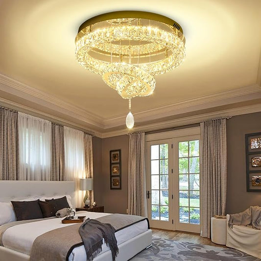 Flashing God Dia 20" Modern Crystal Chandelier for Dining Room Gold Ceiling Chandelier Flush Mount Ceiling Light for Living Room Bedroom Hallway