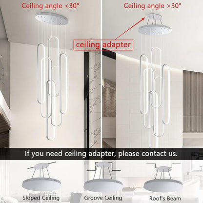 6 Rings Modern Chandelier LED Dimmable Pendant Lighting High Ceiling Chandelier for Entrance Foyer Lobby Staircaes Sliver 118''