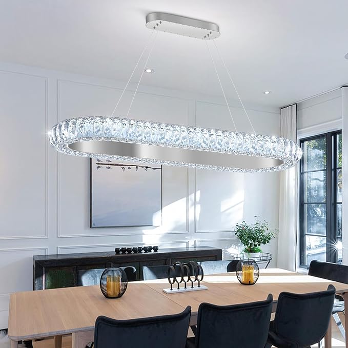 32'' Oval Ring Crystal Chandelier Modern LED Dimmable Ring Pendant Light Chandelier for Dining Room Living Room Silver