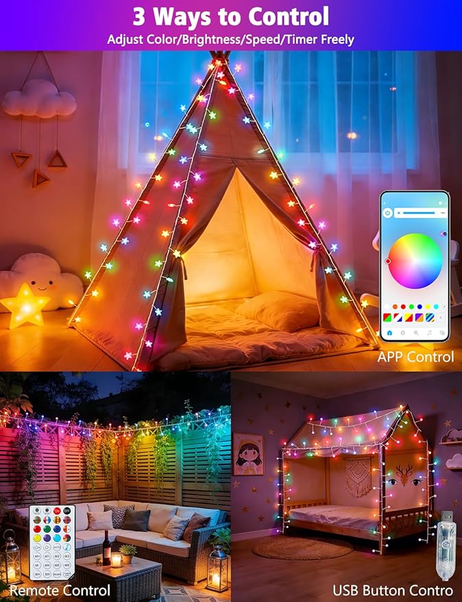 echosari Smart Firecracker Star Fairy Lights Plug in, 16 Million Color Changing String Lights RGB Built in Chip with App Remote Control Timer 10Ft Star String Lights for Bedroom Patio Party Decor