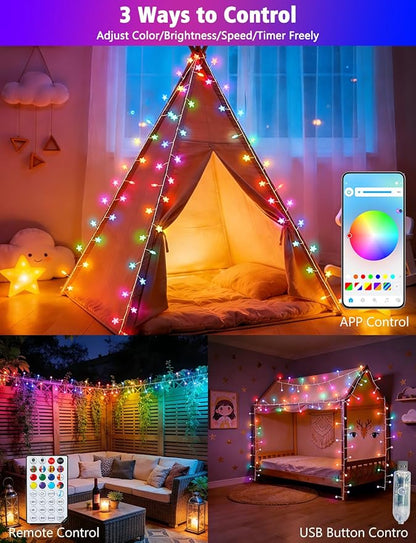 echosari Smart Firecracker Star Fairy Lights Plug in, 16 Million Color Changing String Lights RGB Built in Chip with App Remote Control Timer 10Ft Star String Lights for Bedroom Patio Party Decor