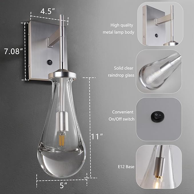 HuisMier Brushed Nickel Wall Sconce, Raindrop Wall Sconces with On Off Switch Button, Modern Clear Glass Wall Light Fixture Vanity Wall Lamp for Bathroom Bedroom Living Room Hallway