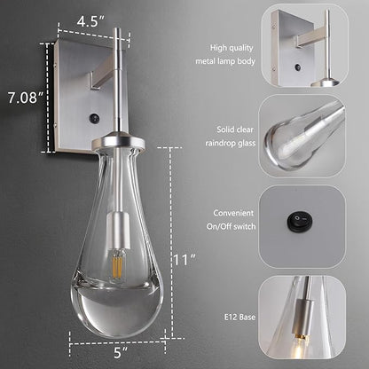 HuisMier Brushed Nickel Wall Sconce, Raindrop Wall Sconces with On Off Switch Button, Modern Clear Glass Wall Light Fixture Vanity Wall Lamp for Bathroom Bedroom Living Room Hallway