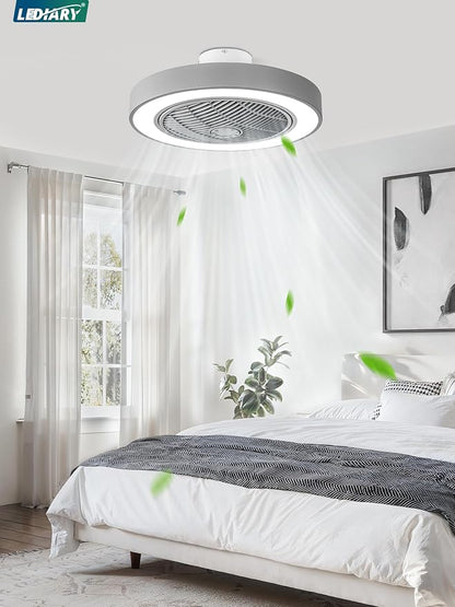 LEDIARY 22in Enclosed Ceiling Fan with Light and Remote, Grey Modern Bladeless Ceiling Fan with Bright Light, Led Flush Mount Ceiling Fans for Bedroom, Living Room, Kid Room(6 Speeds, 3000-6000K)