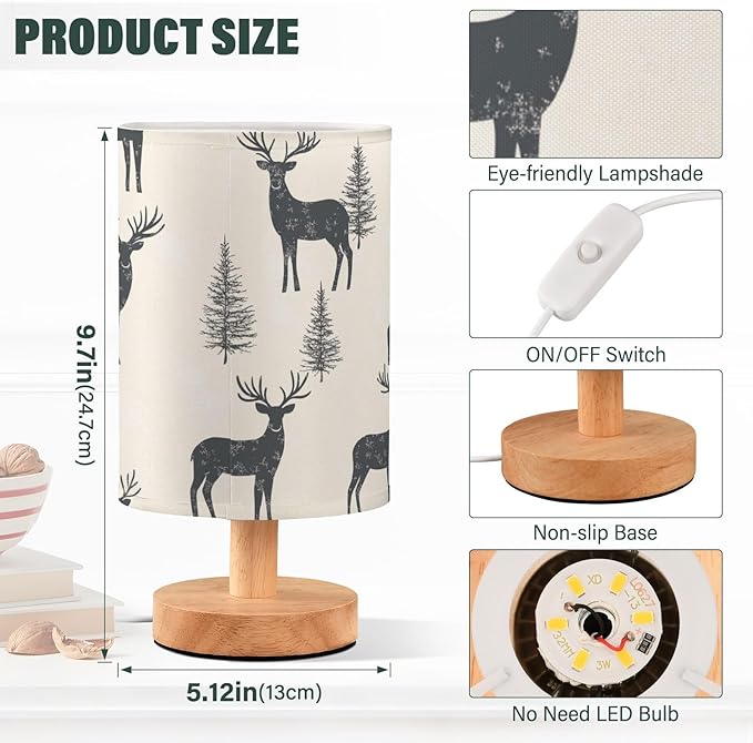 Bedside Table Lamp Deer Animals Forest Tree Nightstand Lamp with Wood Desk Lamps for Bedroom Living Room Nursery Office Home Decor