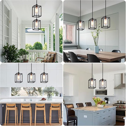 3 Pack Stem Rod Black Pendant Lights for Kitchen Island Industrial Lantern Pendant Light Fixtures with Clear Glass Shade, Farmhouse Adjustable Height Hanging Pendant Lighting