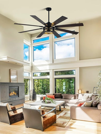 72 Inch Ceiling Fan with Lights and Remote Large Farmhouse Ceiling Fan Black Caged Fandelier Industrial Rustic Chandelier Light, Reversible Quiet DC Motor 6 Speed for Indoor Outdoor
