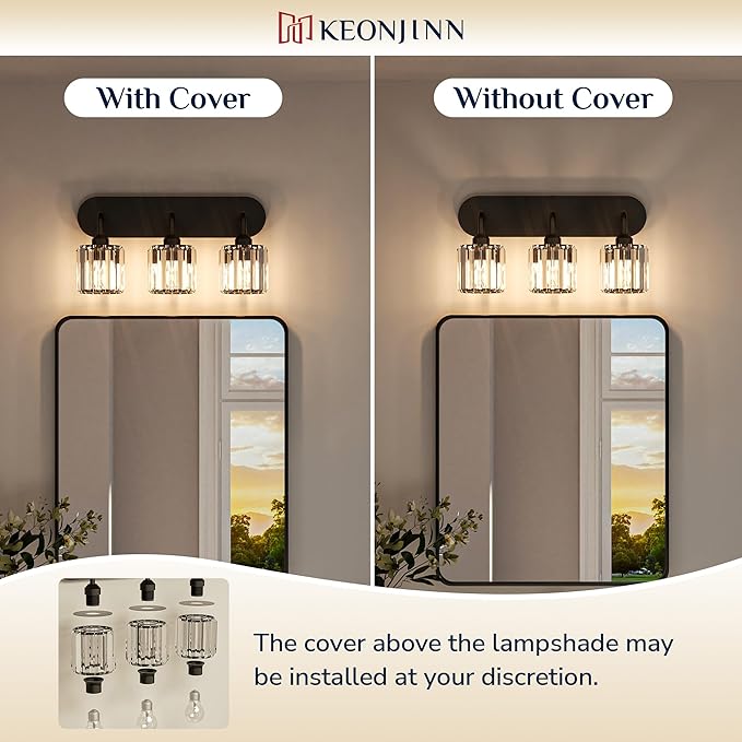 Keonjinn 4-Light Bathroom Light Fixtures, Crystal Black Bathroom Vanity Lights Over Mirror, Vanity Lighting Fixtures with Crystal Square Shades (E26 Socket, Exclude Bulb)