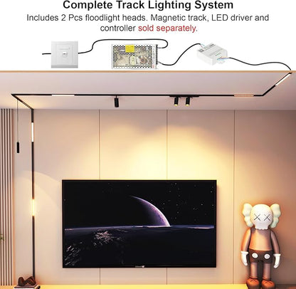 2 Pcs Magnetic Floodlight Track Head, 24V 15W LED Lamp for Track Light, Dimmable Linear Floodlight with APP & Remote Control, Adjustable 3000K-6000K Color Temperature, for Ceiling Lighting
