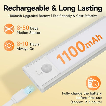 8 inch Under Cabinet Lighting, 1100mAh Rechargeable Motion Sensor Light with 3 Color Temps, Dimmable USB-C Closet Light, Magnetic LED Under Counter Lights for Kitchen, Closet, Pantry