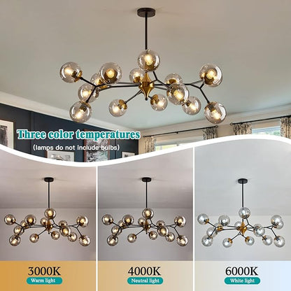 hesoge 15 Light Sputnik Modern Large Chandelier, Mid Century Black and Gold Metal Ceiling Light Fixture with Glass Globe,Pendant Light Hanging for Dining Room Kitchen Living Room Bedroom Foyer.