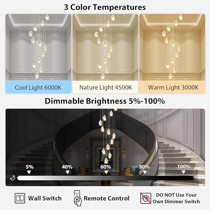 Crystal LED High Ceiling Chandelier: Long Remote Dimmable 12 Gold Pendant Light Fixture - Spiral Drop Flush Mount Sloped Ceilings Modern Chandeliers For Entryway Living Room Foyer Staircase Entrance