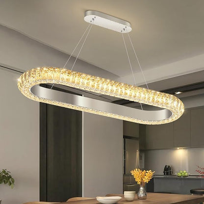 32'' Oval Ring Crystal Chandelier Modern LED Dimmable Ring Pendant Light Chandelier for Dining Room Living Room Silver