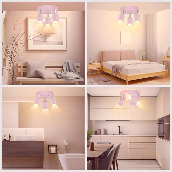 3 Light Track Lighting Fixtures Ceiling, Pink Round Directional Spotlight Fixtures, GU10 Flush Mount Ceiling Fixture, Adjustable Modern LED Track Light for Girl's Room, Bulb Not Included