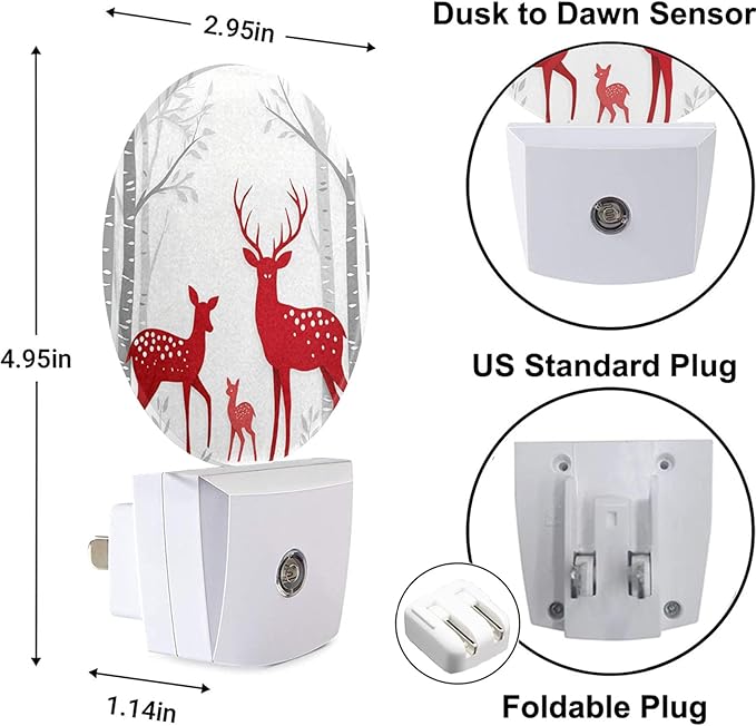 Deer Plug in Night Light Red Christmas Deer Birch Tree Winter Trunk Antler Wildlife Xmas Plug-in Nightlight Auto Sensor LED for Boys Girls Men Women Bedroom Bathroom Decor, LEDLAMP3009