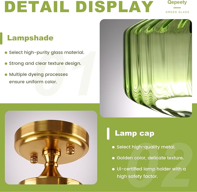 Mid-Century Modern Gold Flush Mount Ceiling Light Fixtures, Green Close-to-Ceiling Gold Chandelier for Entryway, Hallway, Porch, Corridor, Bedroom