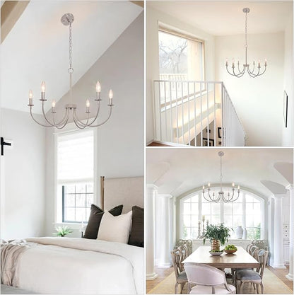 6-Light Farmhouse Chandelier for Dining Room, Brushed Nickel Dining Room Light Fixtures, Industrial Vintage Candle Chandeliers for Living Room, Bedroom, Foyer, Kitchen, Entryway