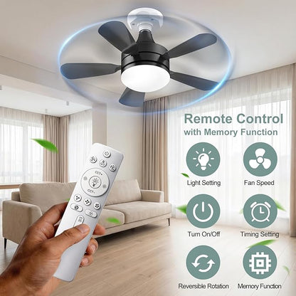 17.7" Socket Fan Light, Stepless Dimmable 3000K-6500K Small Ceiling Fans with Lights and Remote, 3000 Lumens E26/E27 Light Bulb Fan with Reversible Motor, for Bedroom Garage Kitchen Living Room