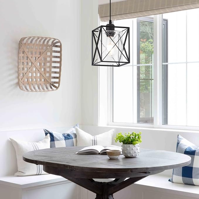 Farmhouse Black Pendant Light with Seeded Glass Industrial Cage Blown Clear Bubble Glass Hanging Lighting Adjustable Cord for Kitchen Island Over Sink Hallway