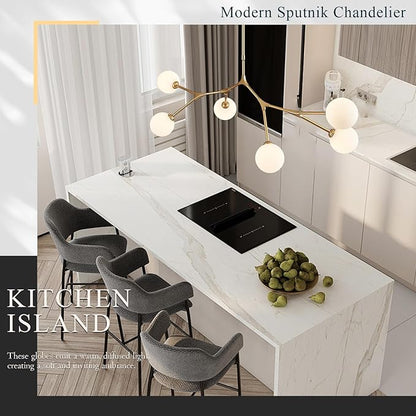 Modern 6 Lights Sputnik Chandelier for Dining Room L45’’ Gold Pendant Light Fixture with Milk Glass Shade Large Mid Century Chandelier for Kitchen Island Bedroom Living Room