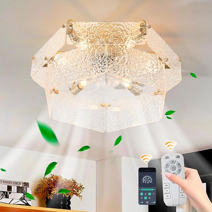 Ganeed Gold Fandelier Ceiling Fan with Light, 20inch Crystal Fandelier Ceiling Fan with Remote Caged Enclosed Bladeless Reversible 6 Speeds for Bedroom, Kitchen, Foyer, Living Room, Nursery
