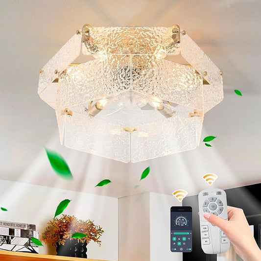 Ganeed Gold Fandelier Ceiling Fan with Light, 20inch Crystal Fandelier Ceiling Fan with Remote Caged Enclosed Bladeless Reversible 6 Speeds for Bedroom, Kitchen, Foyer, Living Room, Nursery