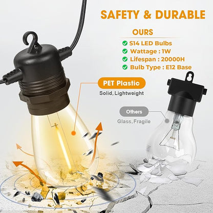 GvvooHome 50FT LED Outdoor String Lights with 16 Shatterproof Waterproof S14 Replaceable Bulbs(1 Spare), 2700K Commercial Grade Patio Lights, Outside Hanging Light for Yard Garden Porch Deck Decor